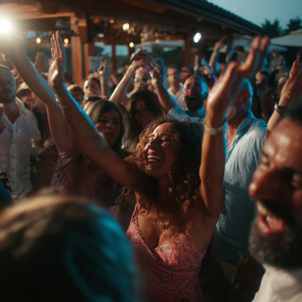 Smiling crowd dancing with raised arms at an open-air summer party