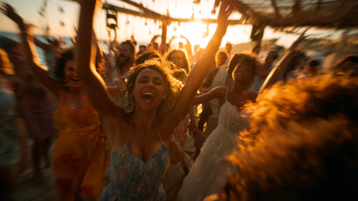 Guests dancing with their hands in the air at a sunset beach party